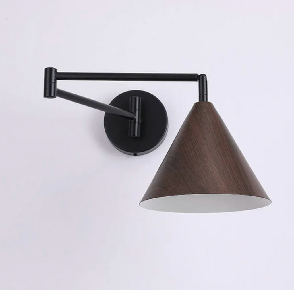 Wooden Wall Lamp with Iron Elements | Minimalist Nordic Style | Adjustable Dual Arm for Ambient Bedroom and Living Room Lighting