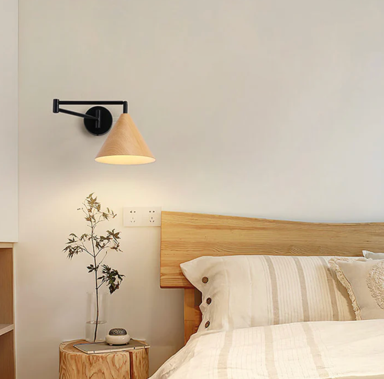 Wooden Wall Lamp with Iron Elements | Minimalist Nordic Style | Adjustable Dual Arm for Ambient Bedroom and Living Room Lighting