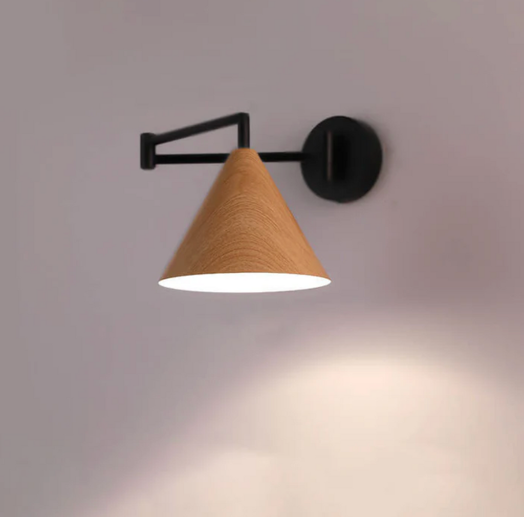Wooden Wall Lamp with Iron Elements | Minimalist Nordic Style | Adjustable Dual Arm for Ambient Bedroom and Living Room Lighting