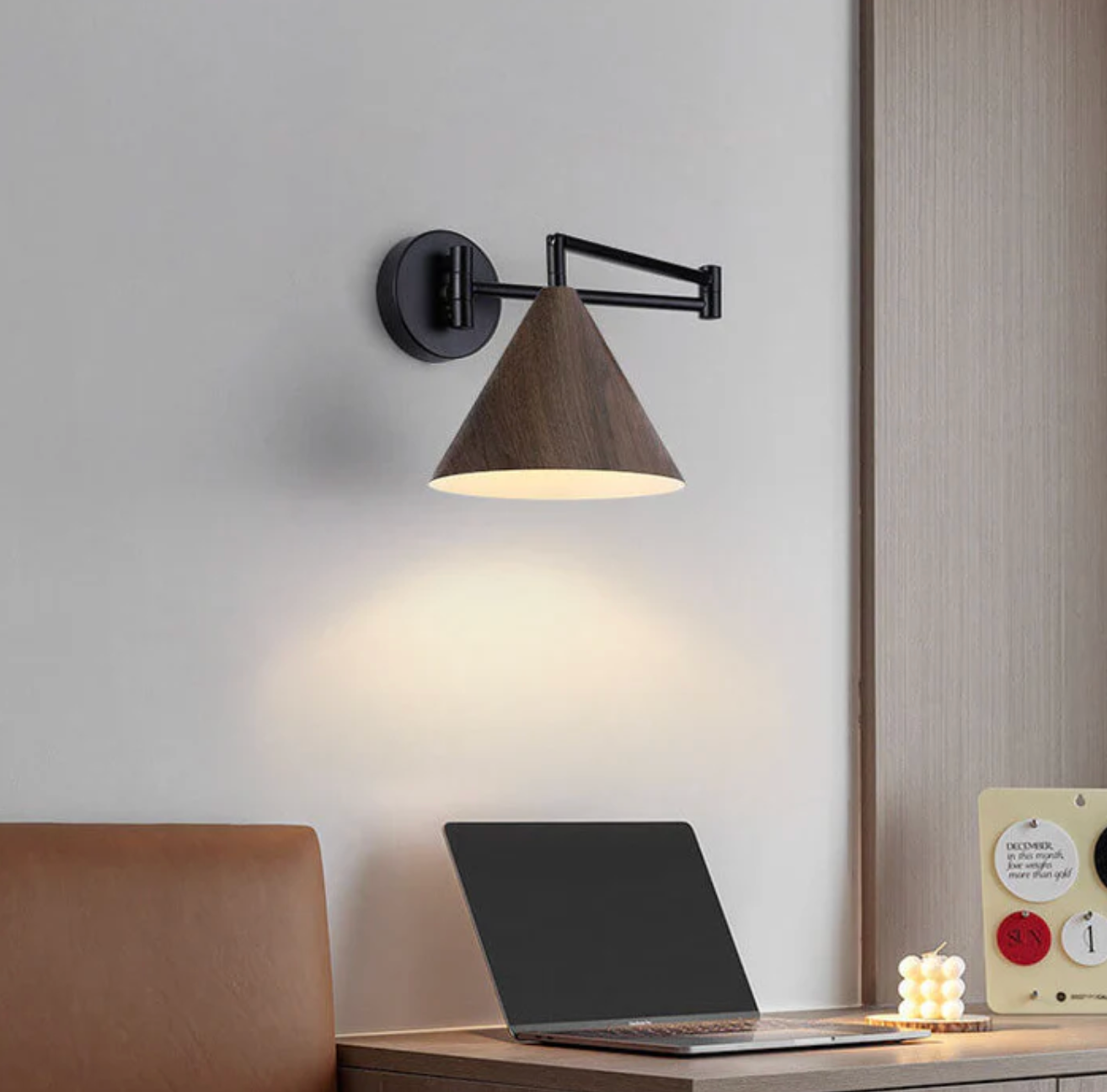 Wooden Wall Lamp with Iron Elements | Minimalist Nordic Style | Adjustable Dual Arm for Ambient Bedroom and Living Room Lighting