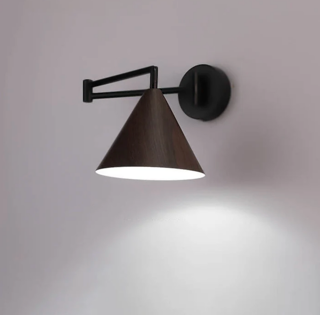 Wooden Wall Lamp with Iron Elements | Minimalist Nordic Style | Adjustable Dual Arm for Ambient Bedroom and Living Room Lighting
