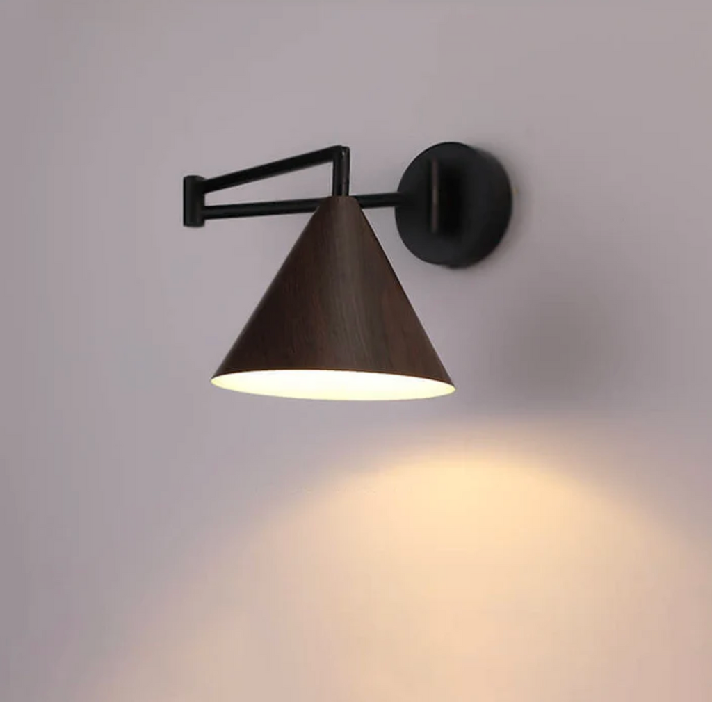 Wooden Wall Lamp with Iron Elements | Minimalist Nordic Style | Adjustable Dual Arm for Ambient Bedroom and Living Room Lighting