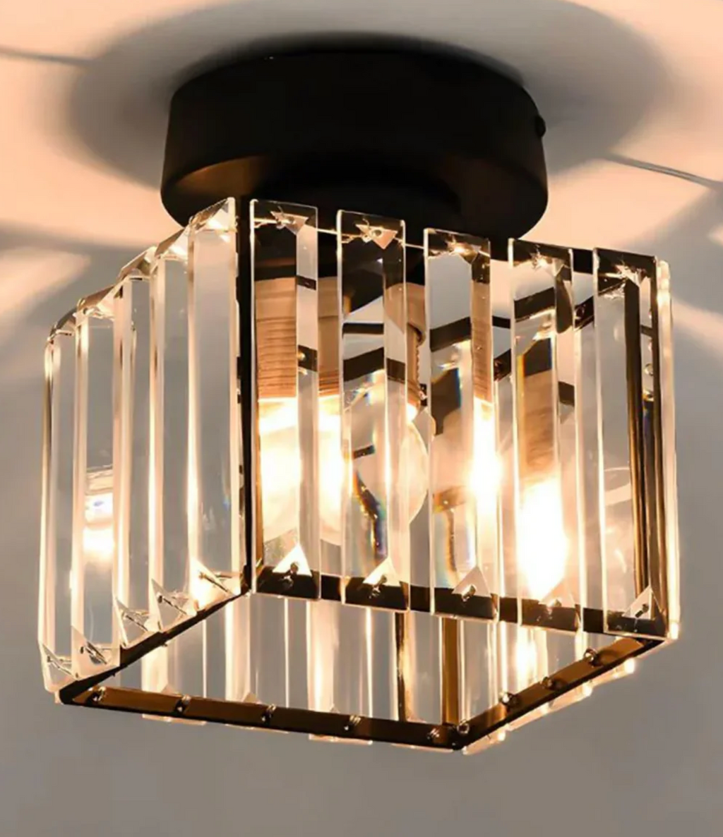 Crystal Flush Mount Ceiling Light Iron and Crystal Glass | Hardwired E27 Base | Functional Ambient Lighting for Hallways