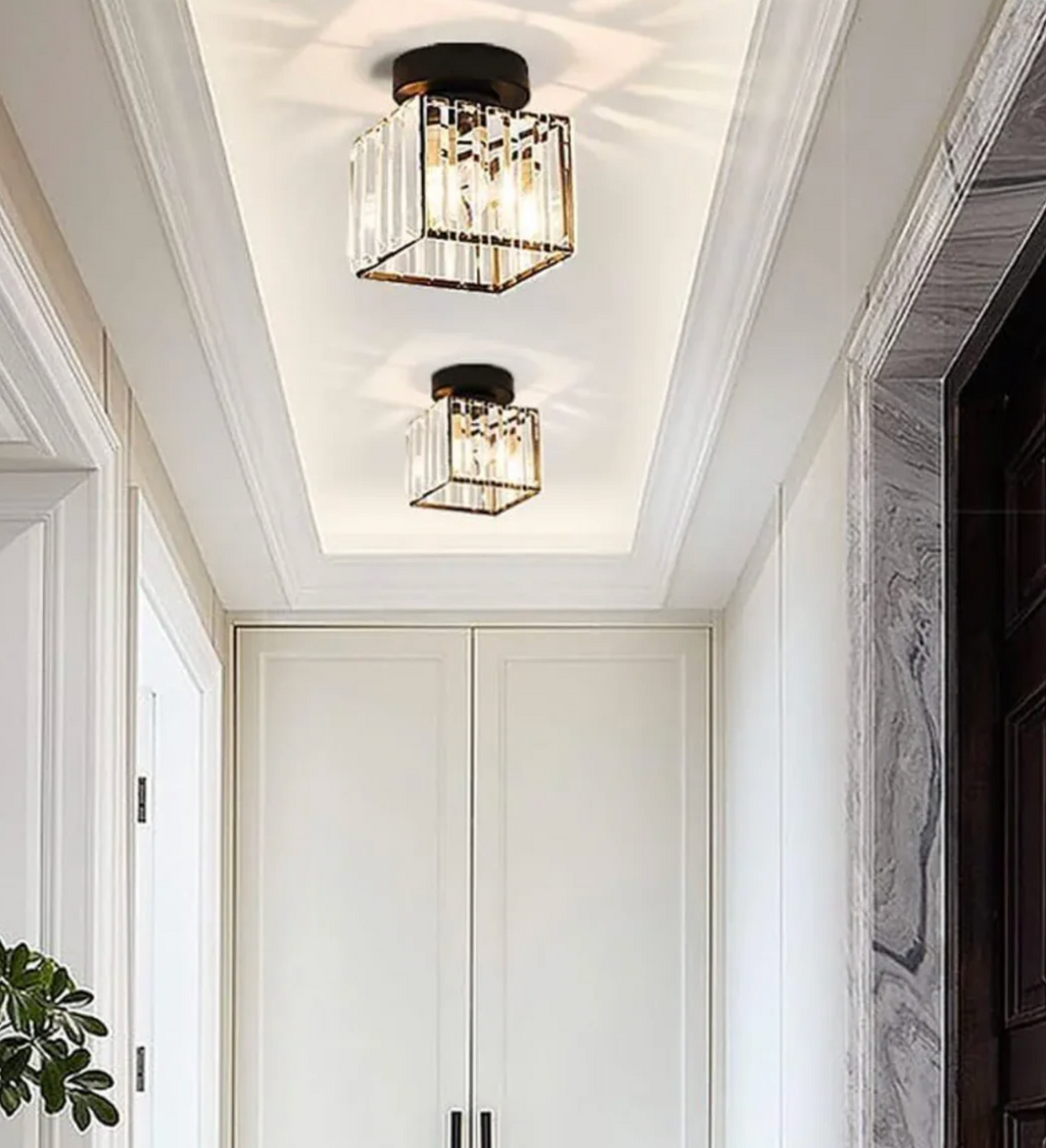 Crystal Flush Mount Ceiling Light Iron and Crystal Glass | Hardwired E27 Base | Functional Ambient Lighting for Hallways