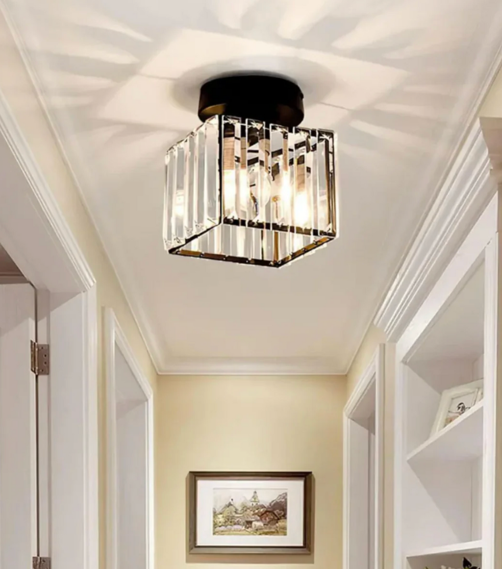 Crystal Flush Mount Ceiling Light Iron and Crystal Glass | Hardwired E27 Base | Functional Ambient Lighting for Hallways