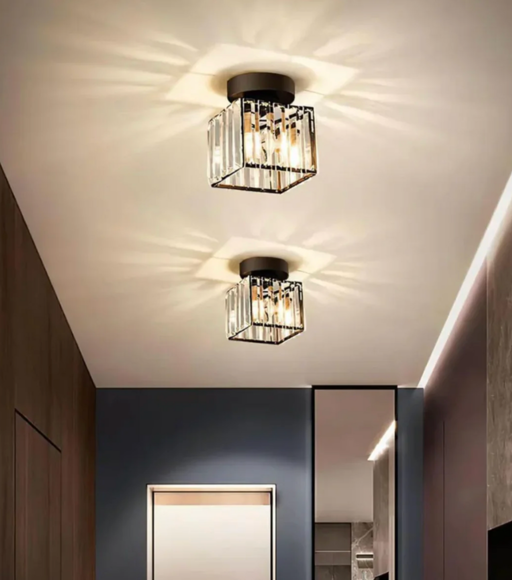 Crystal Flush Mount Ceiling Light Iron and Crystal Glass | Hardwired E27 Base | Functional Ambient Lighting for Hallways