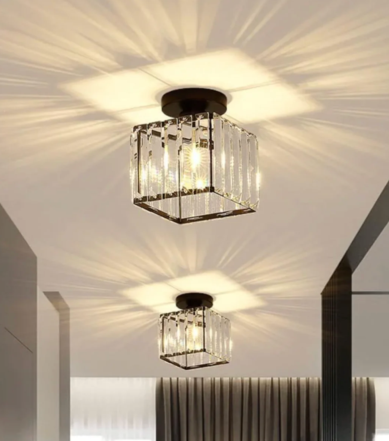 Crystal Flush Mount Ceiling Light Iron and Crystal Glass | Hardwired E27 Base | Functional Ambient Lighting for Hallways