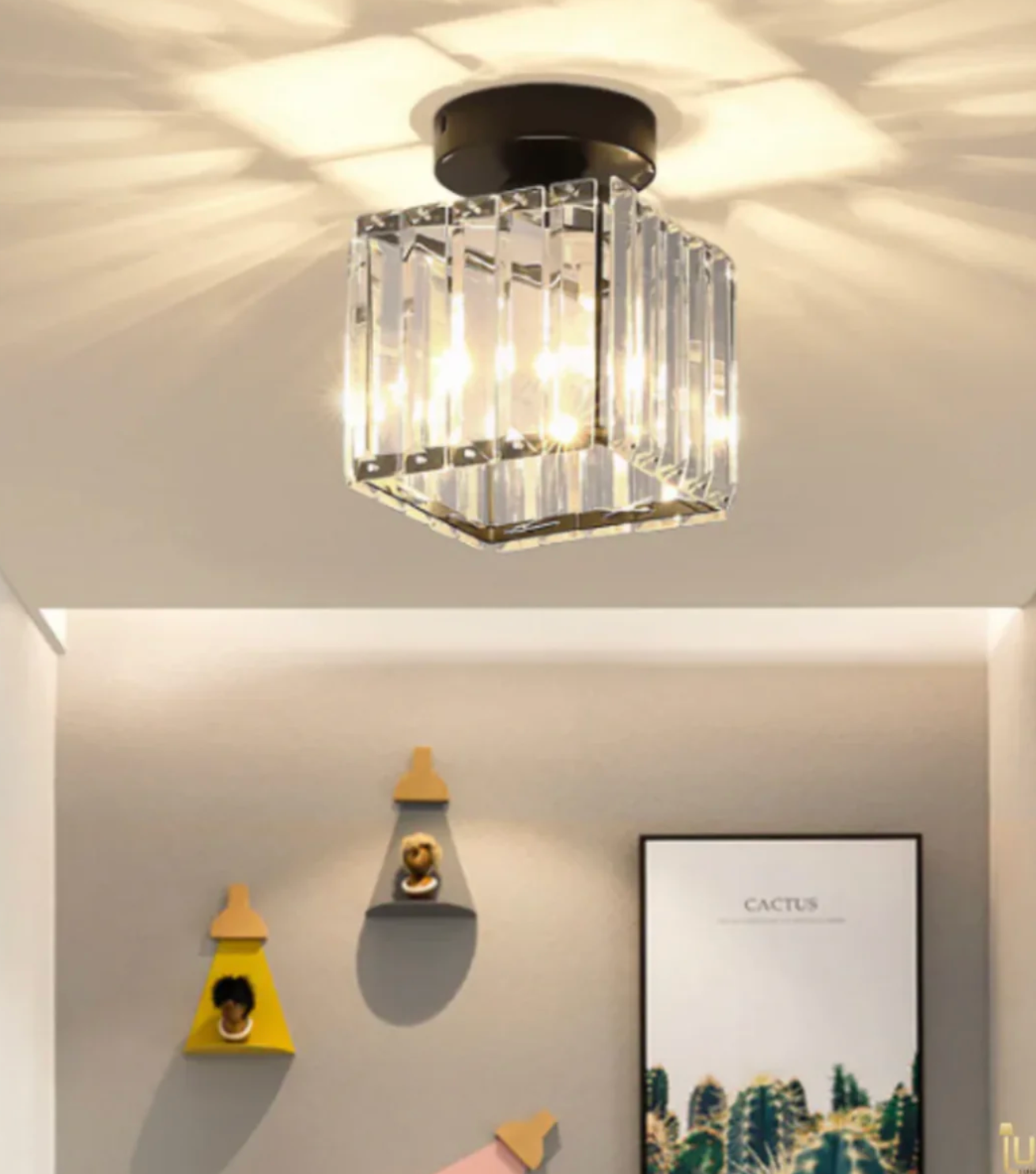 Crystal Flush Mount Ceiling Light Iron and Crystal Glass | Hardwired E27 Base | Functional Ambient Lighting for Hallways