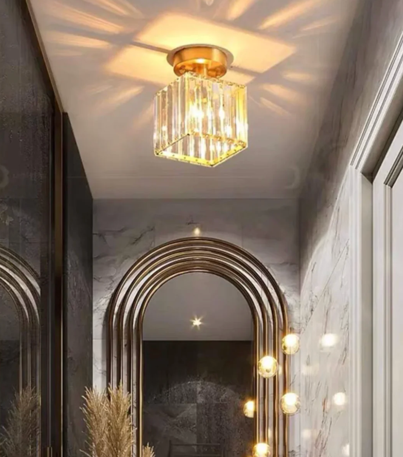 Crystal Flush Mount Ceiling Light Iron and Crystal Glass | Hardwired E27 Base | Functional Ambient Lighting for Hallways