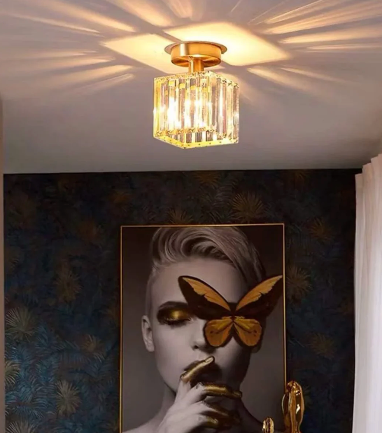 Crystal Flush Mount Ceiling Light Iron and Crystal Glass | Hardwired E27 Base | Functional Ambient Lighting for Hallways