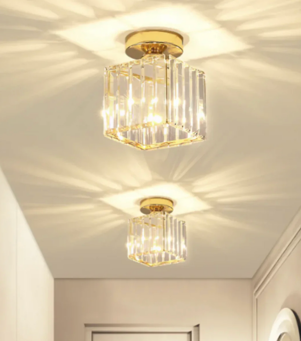 Crystal Flush Mount Ceiling Light Iron and Crystal Glass | Hardwired E27 Base | Functional Ambient Lighting for Hallways