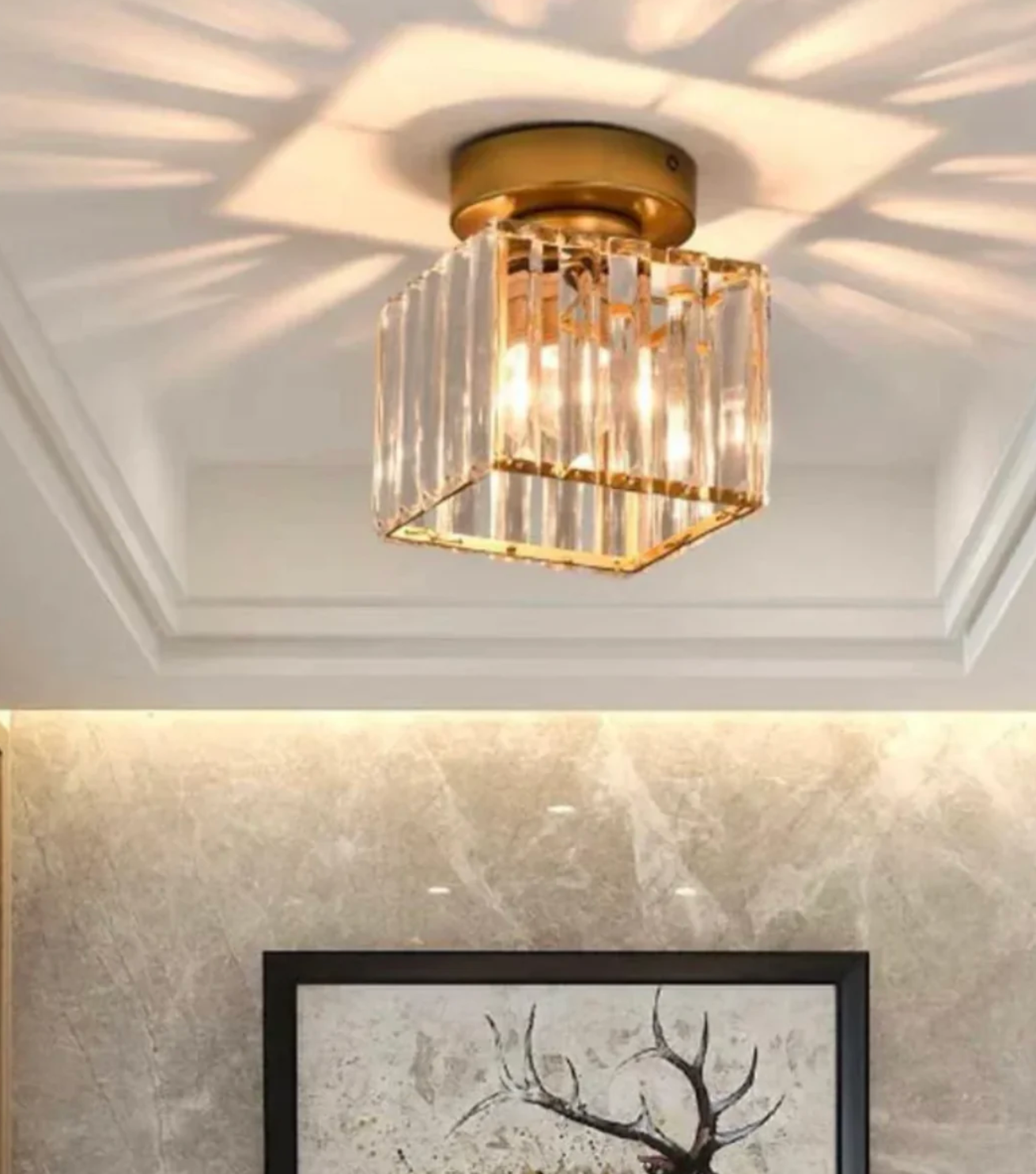 Crystal Flush Mount Ceiling Light Iron and Crystal Glass | Hardwired E27 Base | Functional Ambient Lighting for Hallways