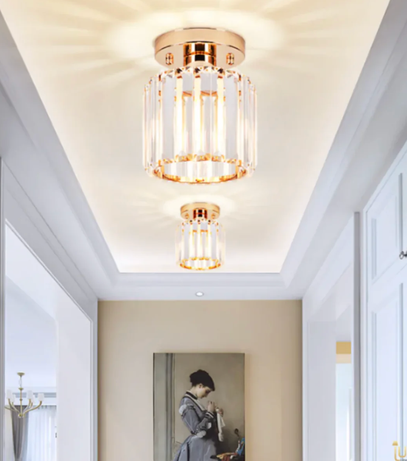 Crystal Flush Mount Ceiling Light Iron and Crystal Glass | Hardwired E27 Base | Functional Ambient Lighting for Hallways