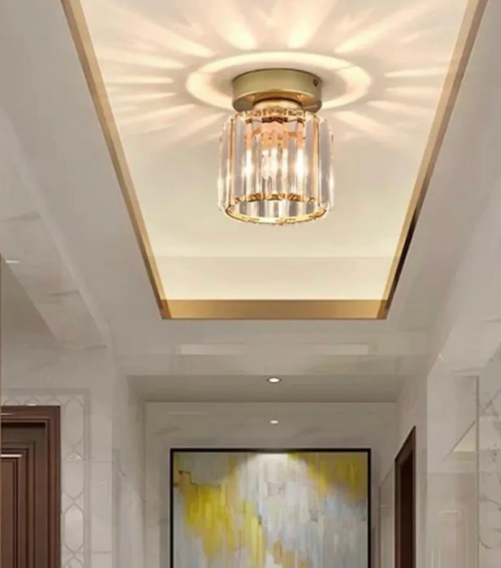 Crystal Flush Mount Ceiling Light Iron and Crystal Glass | Hardwired E27 Base | Functional Ambient Lighting for Hallways