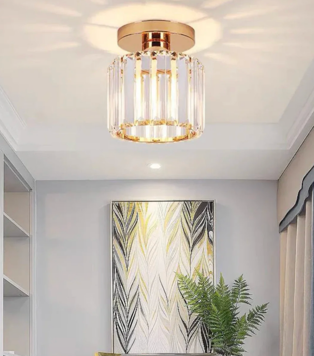 Crystal Flush Mount Ceiling Light Iron and Crystal Glass | Hardwired E27 Base | Functional Ambient Lighting for Hallways
