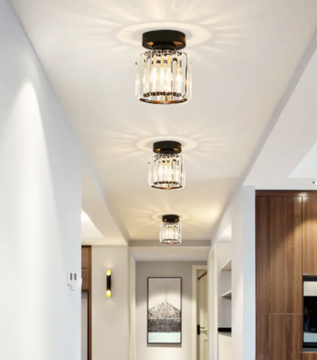 Crystal Flush Mount Ceiling Light Iron and Crystal Glass | Hardwired E27 Base | Functional Ambient Lighting for Hallways