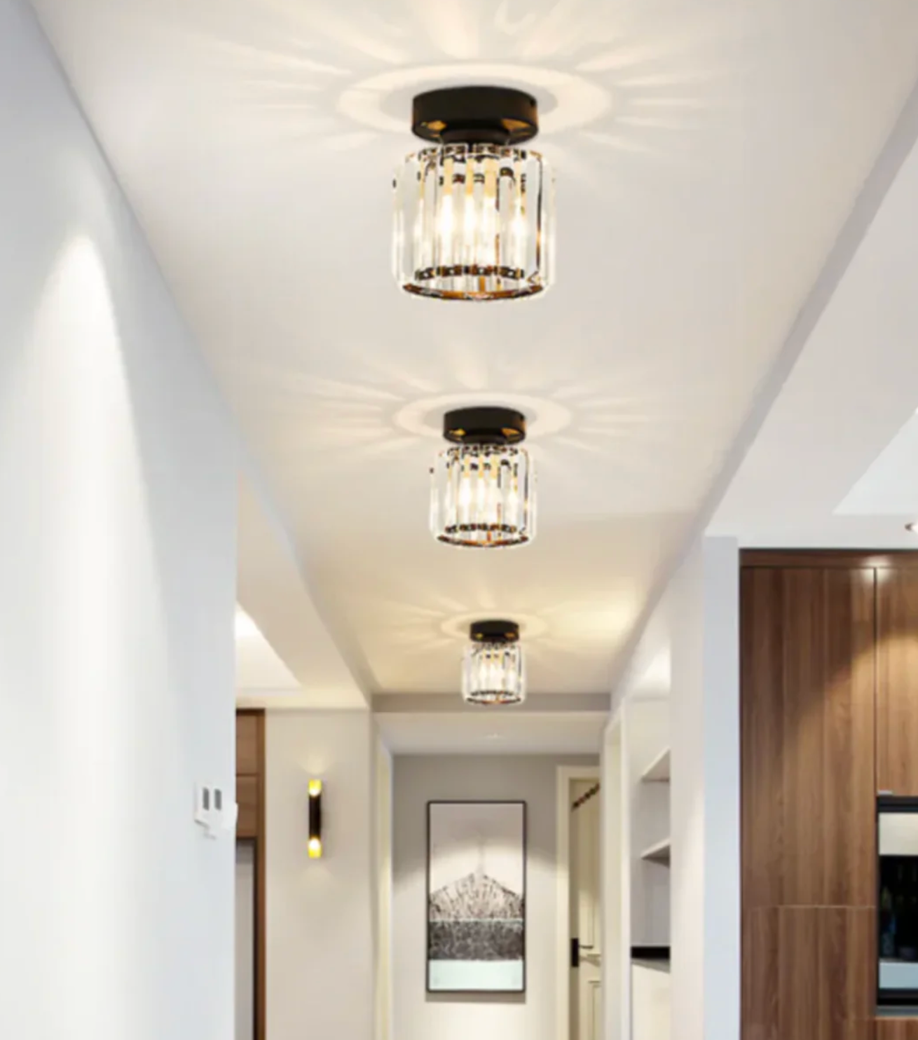 Crystal Flush Mount Ceiling Light Iron and Crystal Glass | Hardwired E27 Base | Functional Ambient Lighting for Hallways