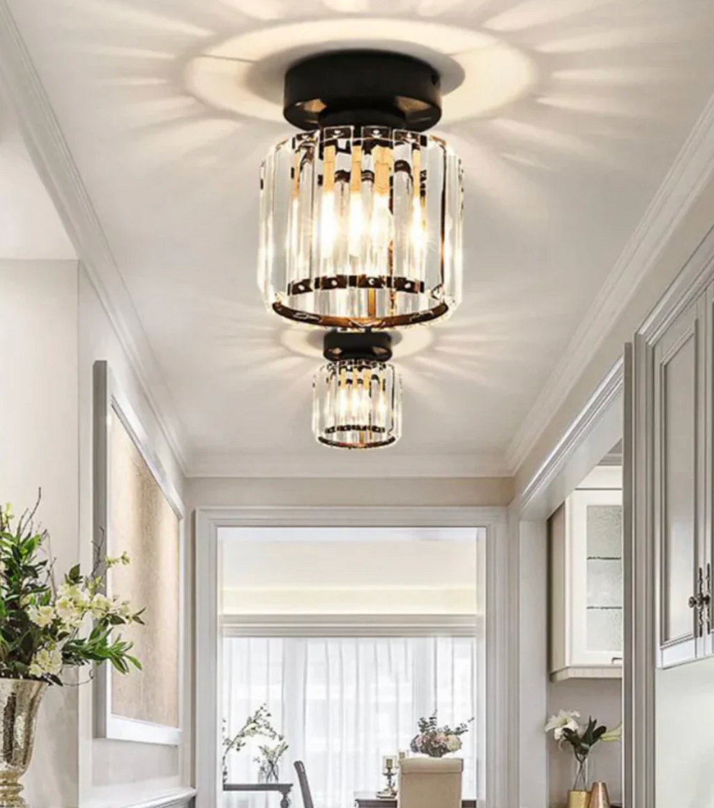 Crystal Flush Mount Ceiling Light Iron and Crystal Glass | Hardwired E27 Base | Functional Ambient Lighting for Hallways
