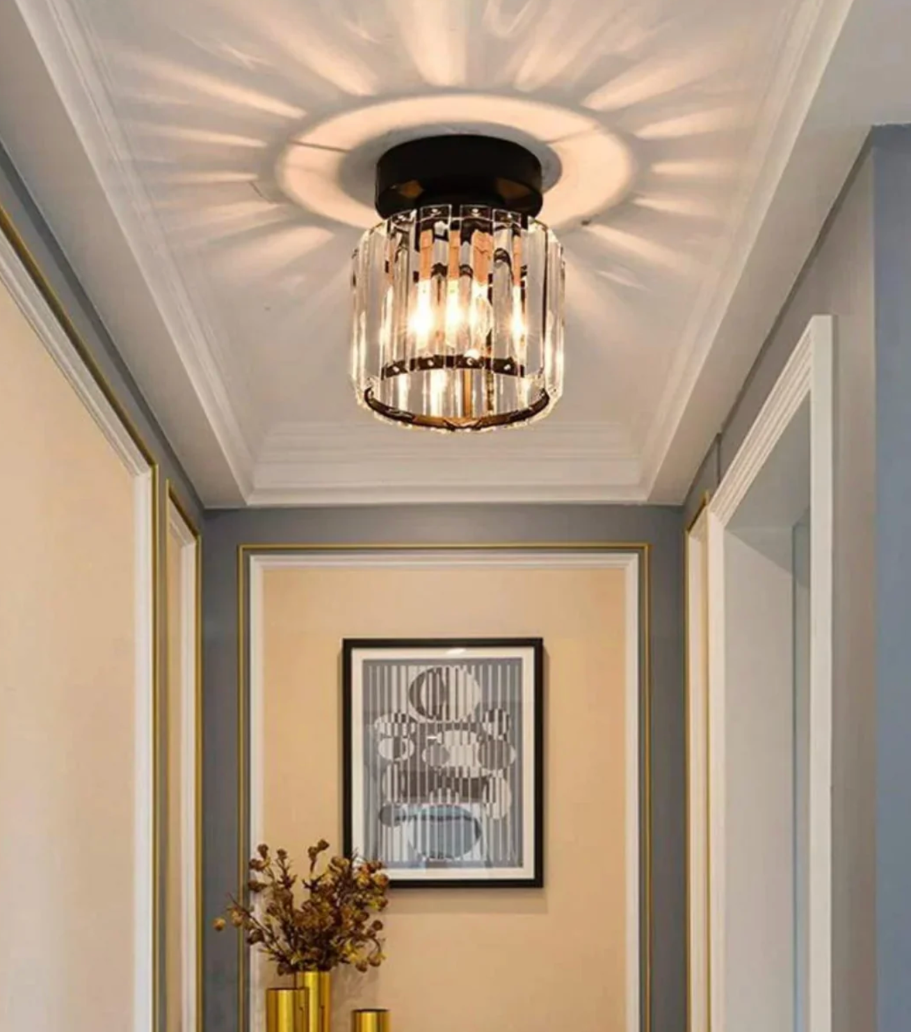 Crystal Flush Mount Ceiling Light Iron and Crystal Glass | Hardwired E27 Base | Functional Ambient Lighting for Hallways