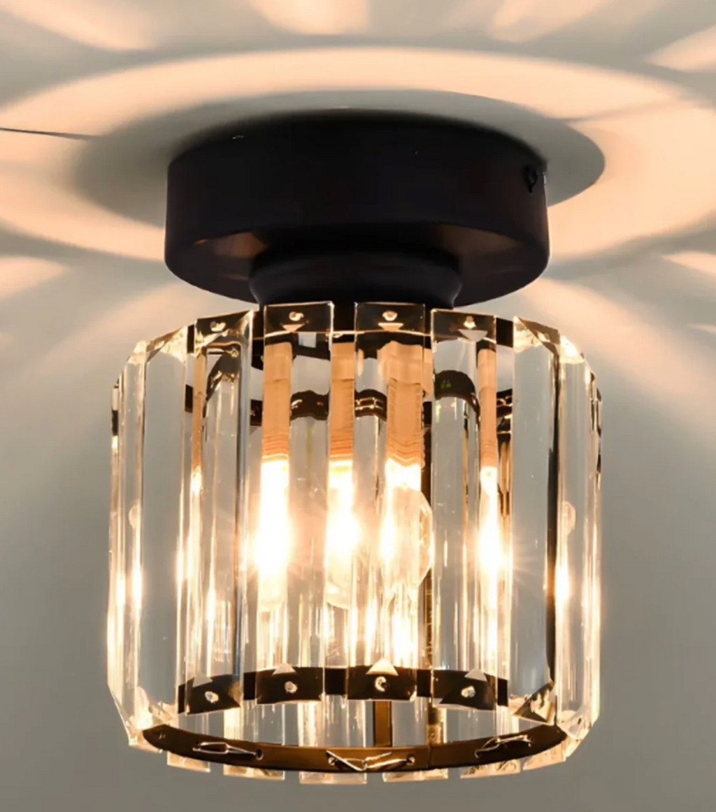 Crystal Flush Mount Ceiling Light Iron and Crystal Glass | Hardwired E27 Base | Functional Ambient Lighting for Hallways