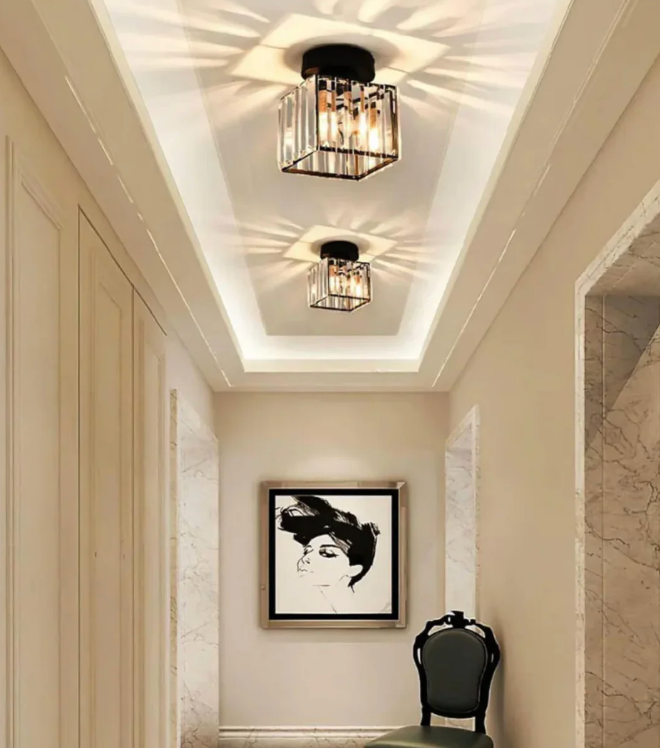 Crystal Flush Mount Ceiling Light Iron and Crystal Glass | Hardwired E27 Base | Functional Ambient Lighting for Hallways
