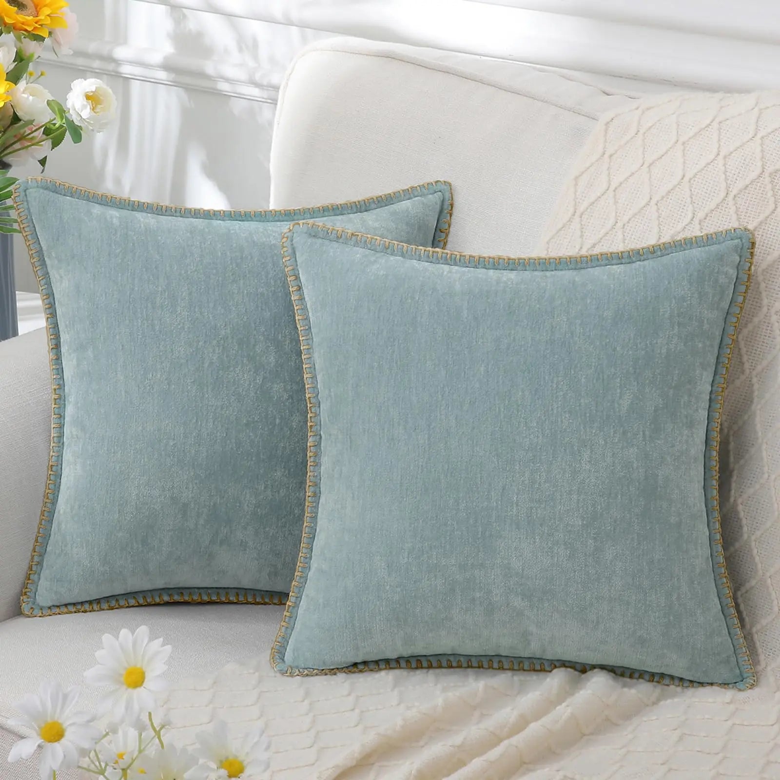 Chenille Throw Pillow Cover Stitched Edge Cushion Case