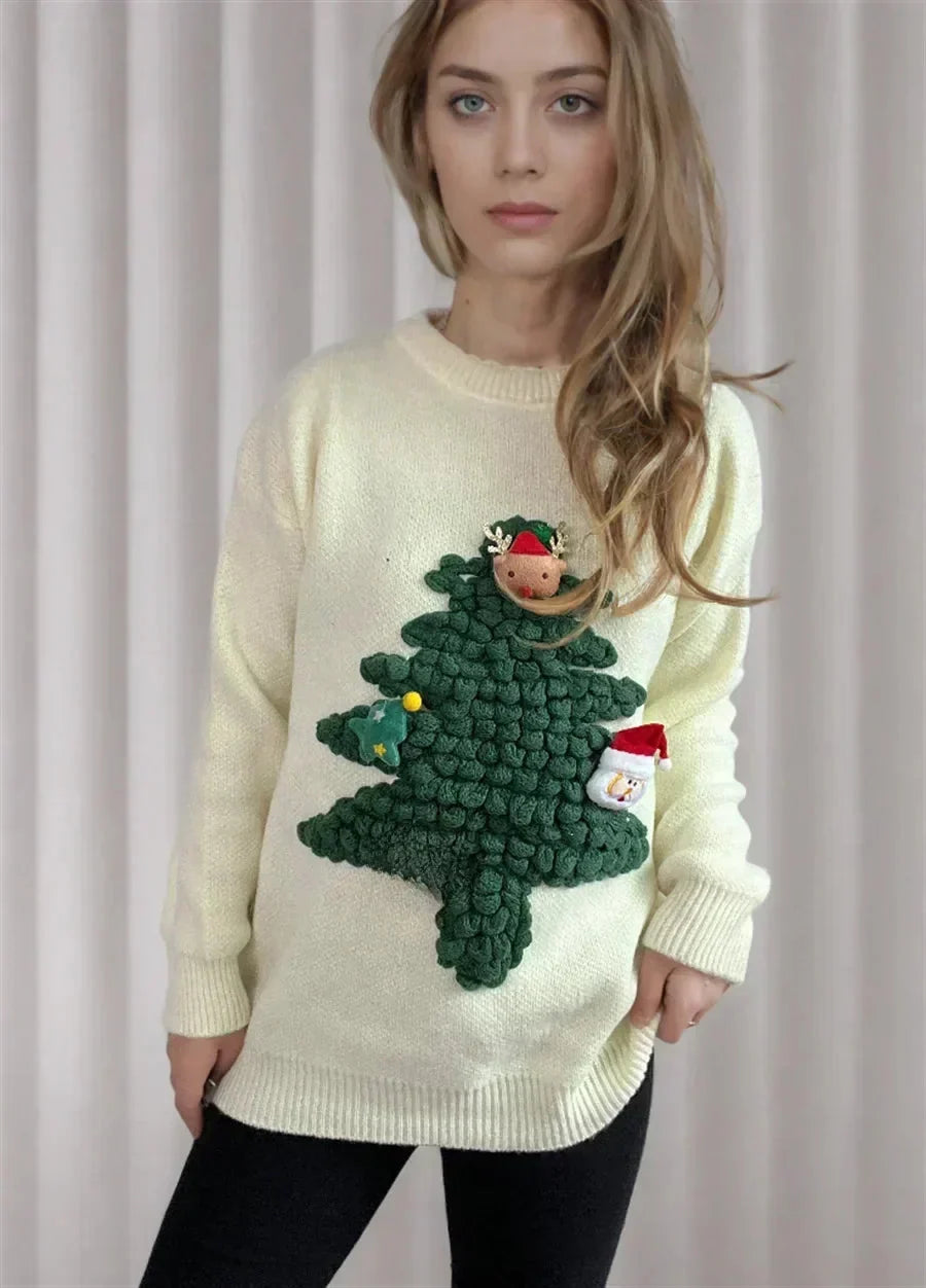 Women's 3D Christmas Sweater | Textured Christmas Tree Jumper | Relaxed Fit Round Neck Festive Knitwear for Winter Parties