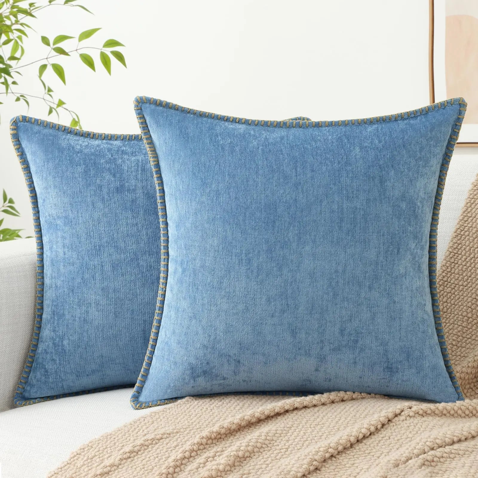Chenille Throw Pillow Cover Stitched Edge Cushion Case