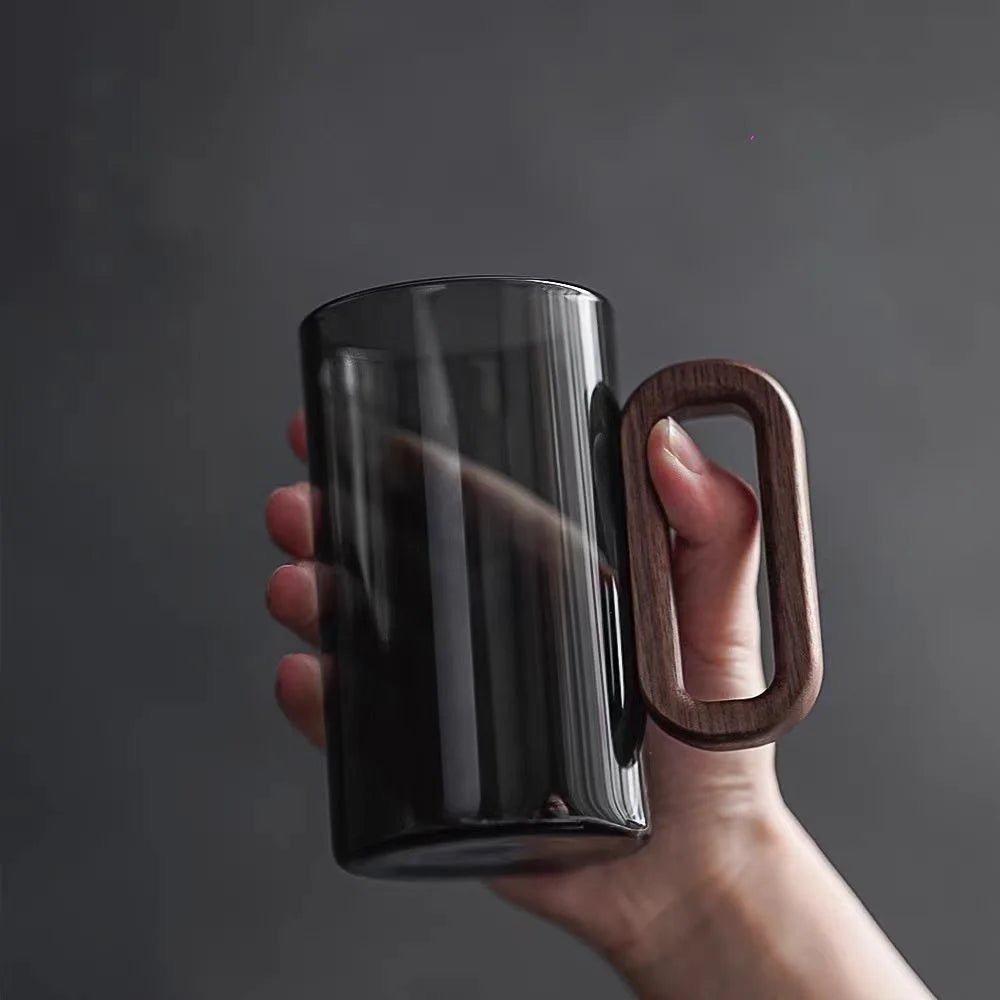 Smoked Glass Coffee Mug Wooden Handle Tea Cup Modern Drinkware Mug