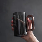 Smoked Glass Coffee Mug Wooden Handle Tea Cup Modern Drinkware Mug