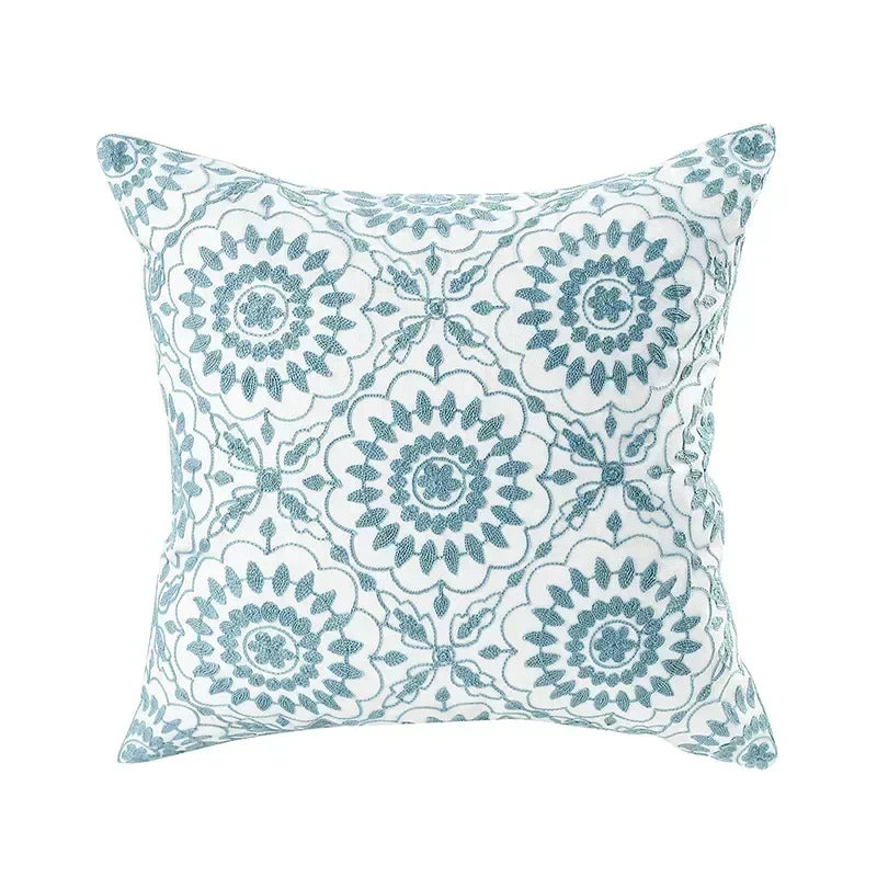Embroidered Cushion Cover Cotton Polyester Canvas | Floral Pattern Twill Weave | Hidden Zipper for Seamless Home Styling