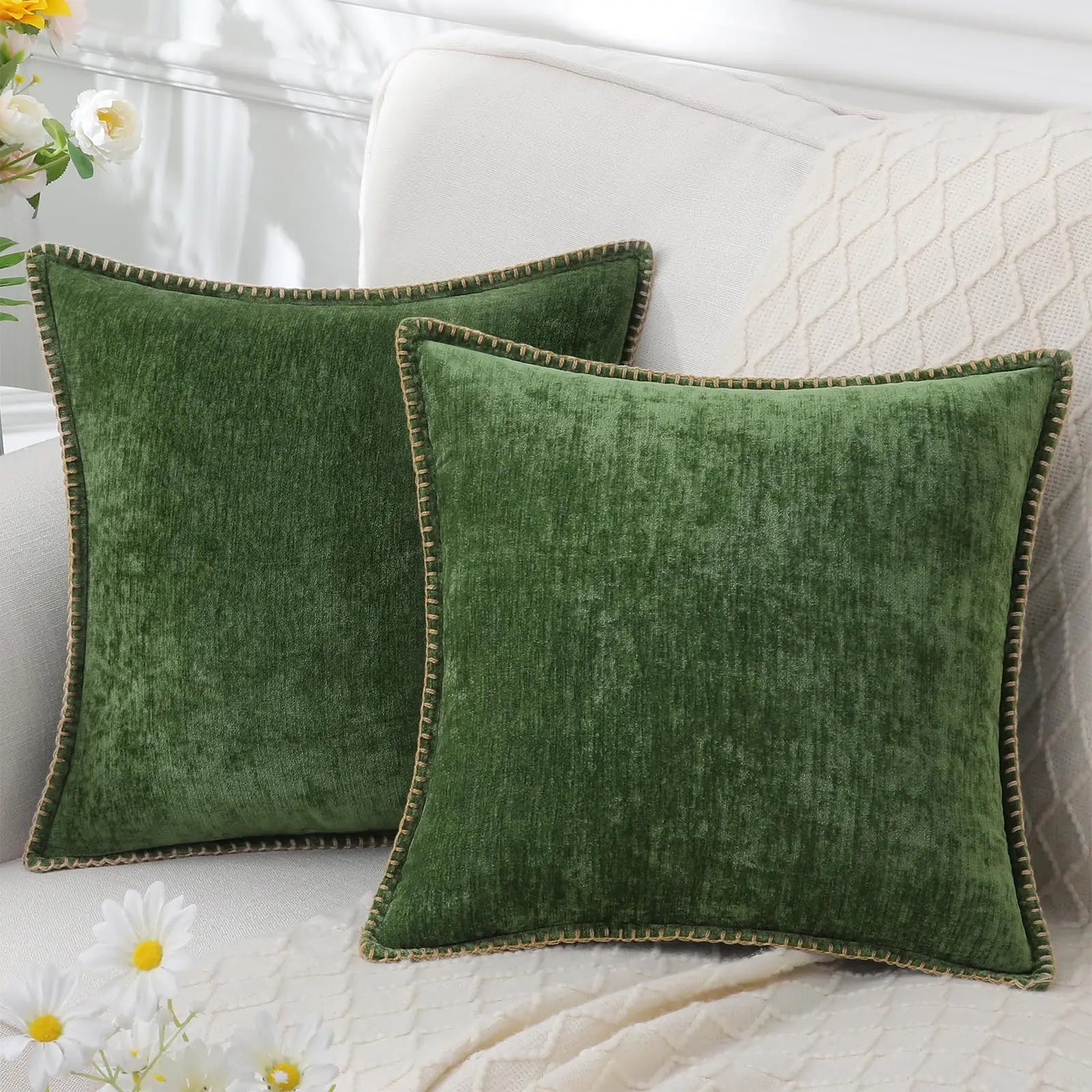 Chenille Throw Pillow Cover Stitched Edge Cushion Case