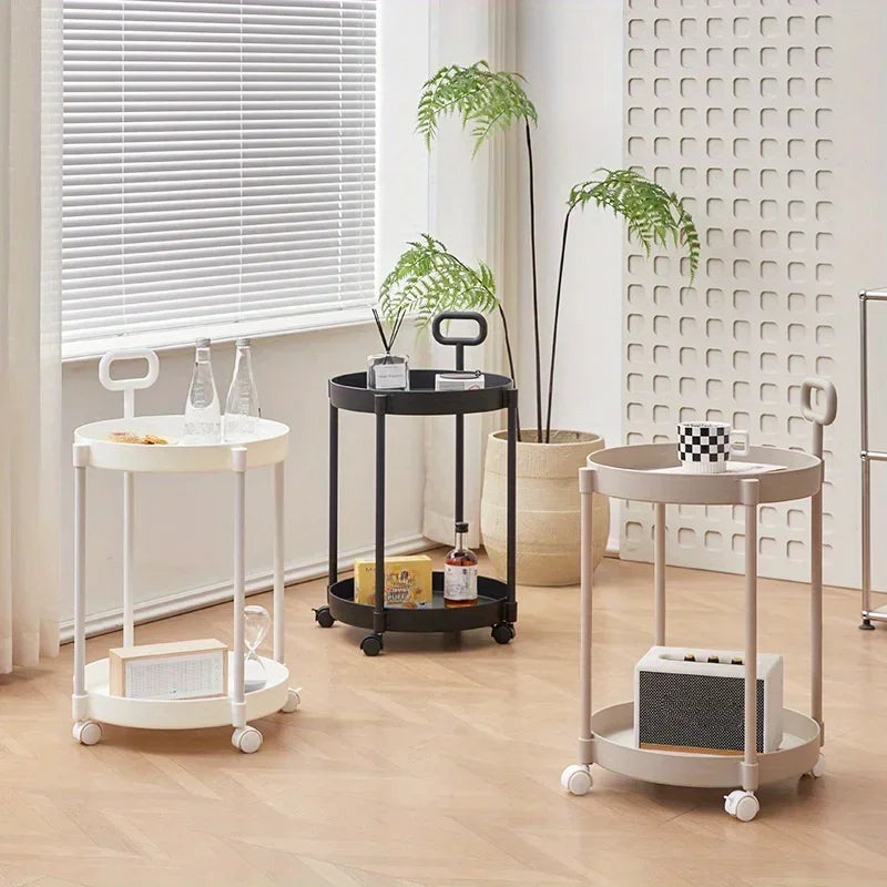 Round Rolling Side Table Two Tier Storage Cart Mobile Accent Table