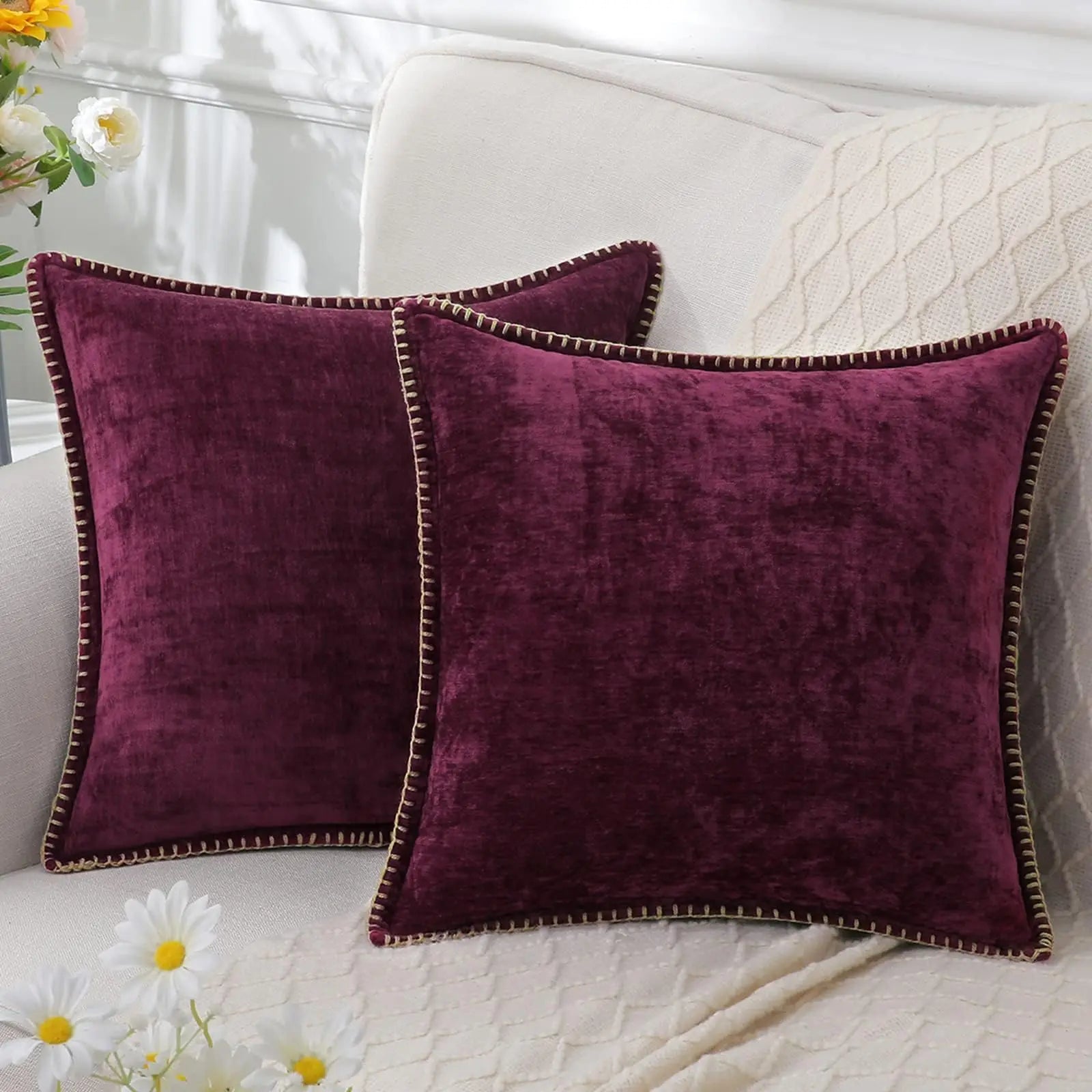 Chenille Throw Pillow Cover Stitched Edge Cushion Case
