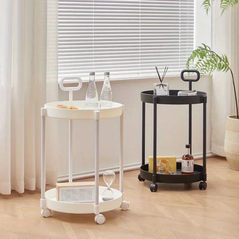 Round Rolling Side Table Two Tier Storage Cart Mobile Accent Table