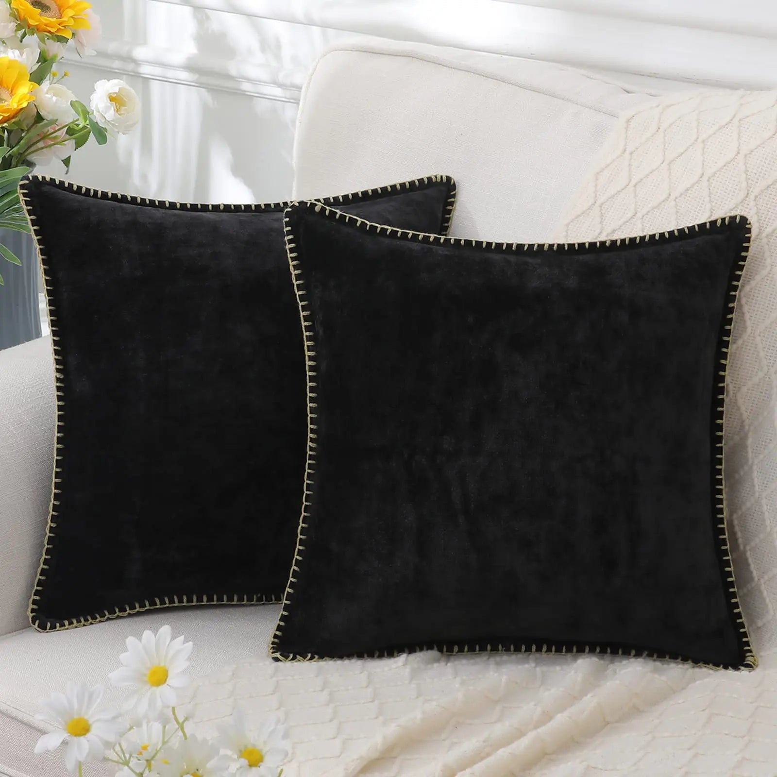 Chenille Throw Pillow Cover Stitched Edge Cushion Case