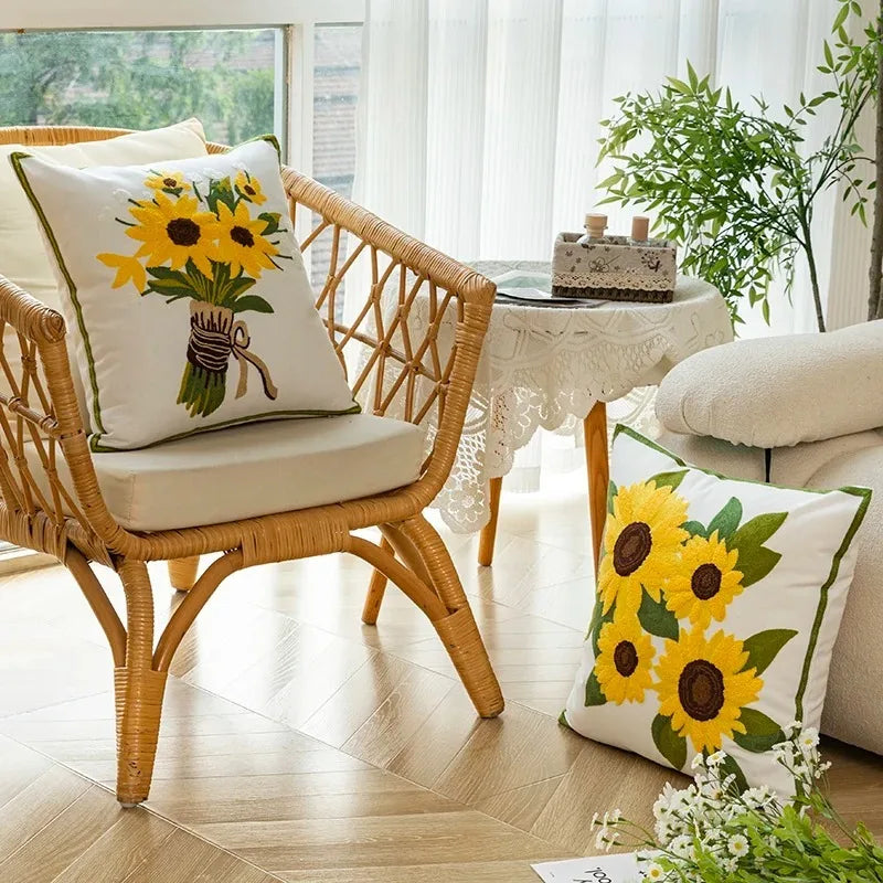 Sunflower Embroidered Cushion Cover Floral Throw Pillow Decorative Sofa Accent Cushion