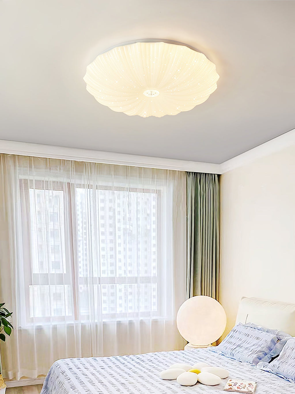 Round Flush Mount Ceiling Light Metal and Acrylic | Nordic Shell Art Design | Integrated LED Lighting for Indoor Use