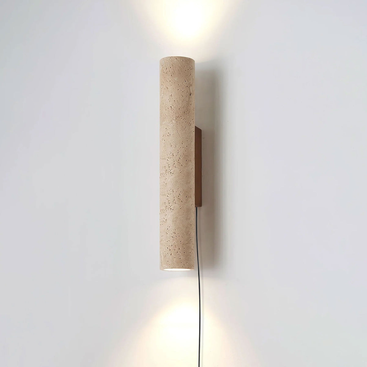 Plug-in Wall Lamp Travertine and Walnut Wood | Natural Mineral Stone Sconce | Easy No-Hardwire Installation for Any Room