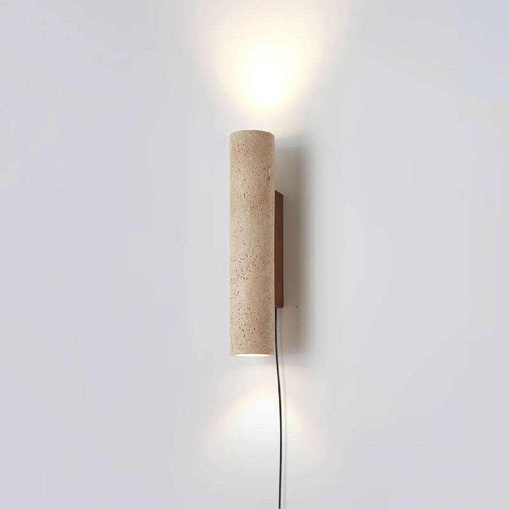 Plug-in Wall Lamp Travertine and Walnut Wood | Natural Mineral Stone Sconce | Easy No-Hardwire Installation for Any Room