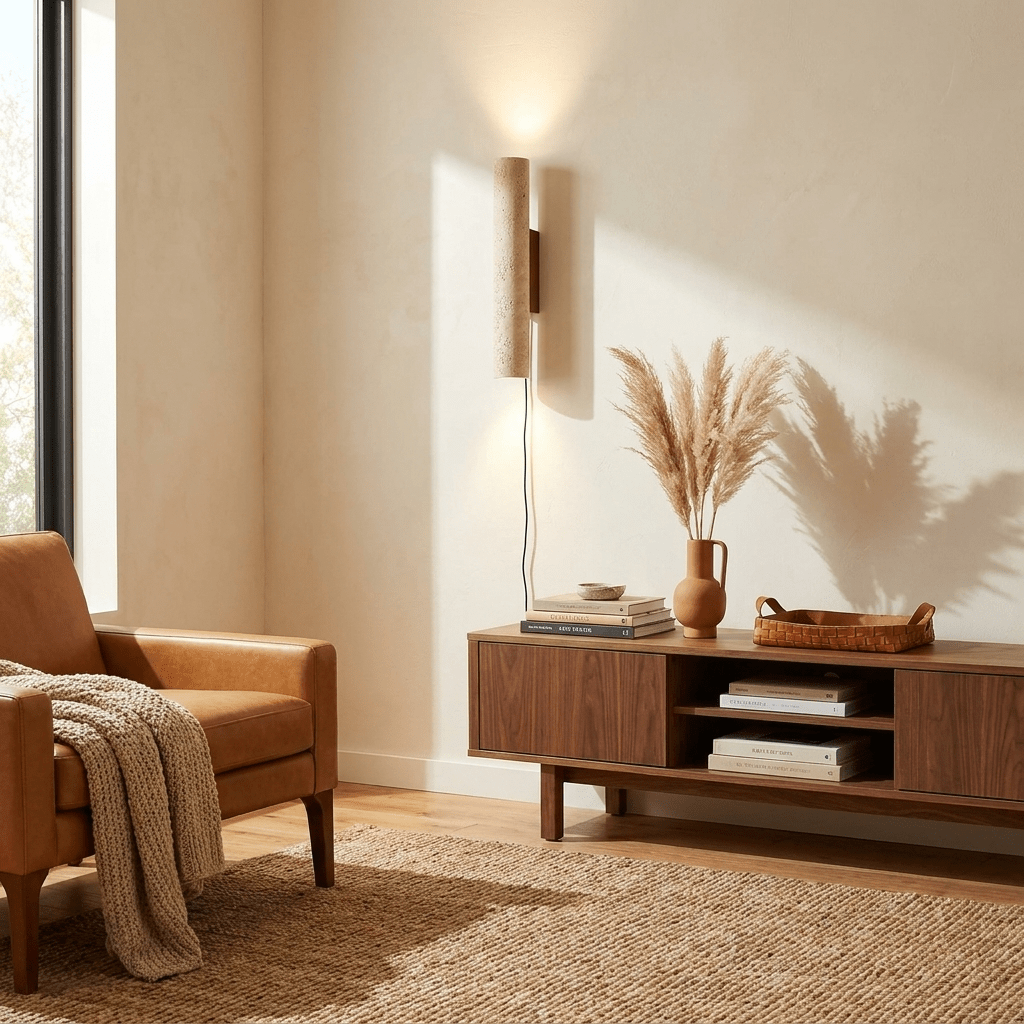 Plug-in Wall Lamp Travertine and Walnut Wood | Natural Mineral Stone Sconce | Easy No-Hardwire Installation for Any Room