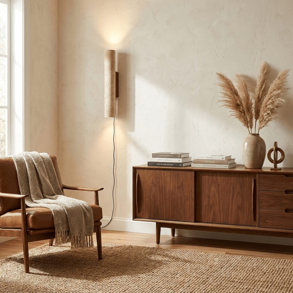 Plug-in Wall Lamp Travertine and Walnut Wood | Natural Mineral Stone Sconce | Easy No-Hardwire Installation for Any Room