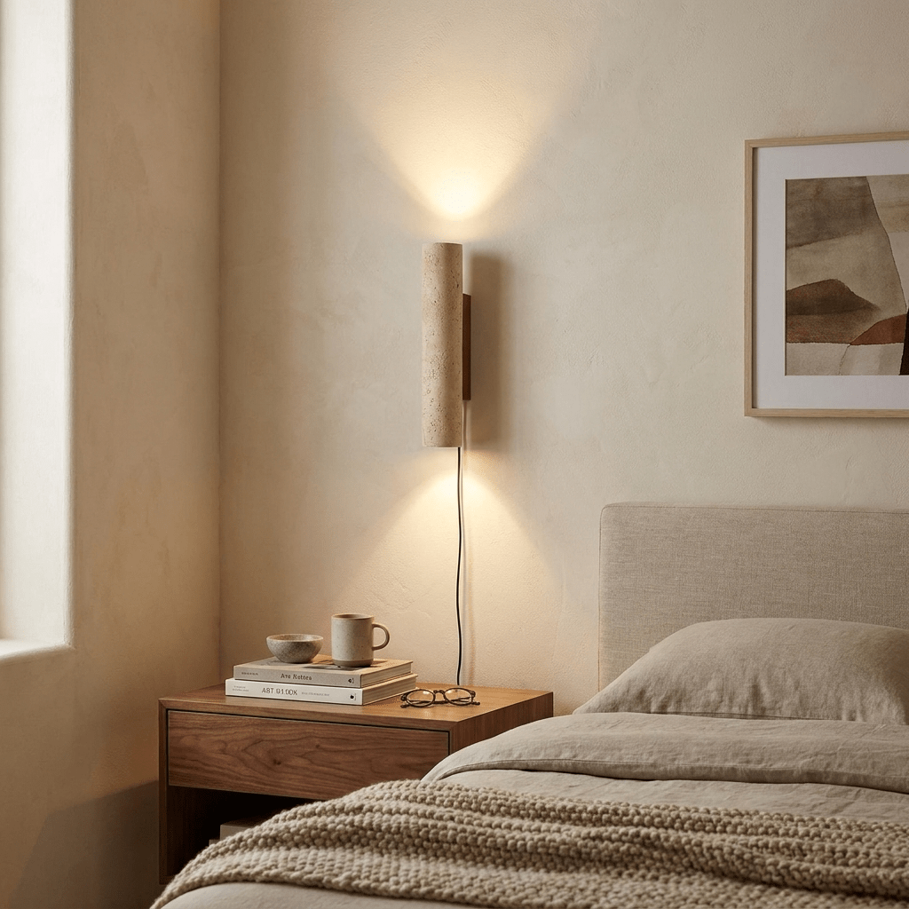 Plug-in Wall Lamp Travertine and Walnut Wood | Natural Mineral Stone Sconce | Easy No-Hardwire Installation for Any Room