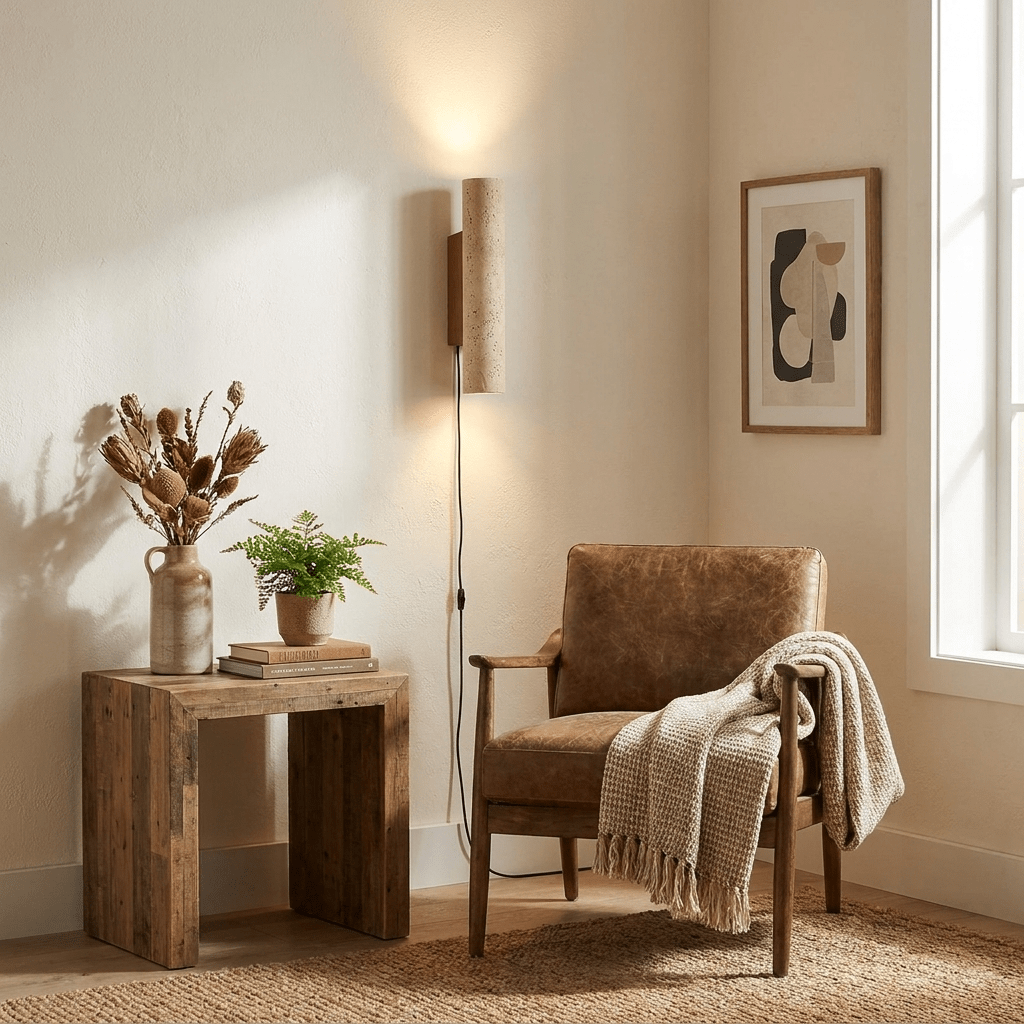 Plug-in Wall Lamp Travertine and Walnut Wood | Natural Mineral Stone Sconce | Easy No-Hardwire Installation for Any Room