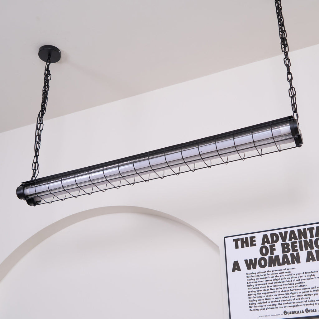 Industrial Linear Suspension Light Metal Glass | Integrated LED Ceiling Fixture | Modern Lighting for Kitchen Islands
