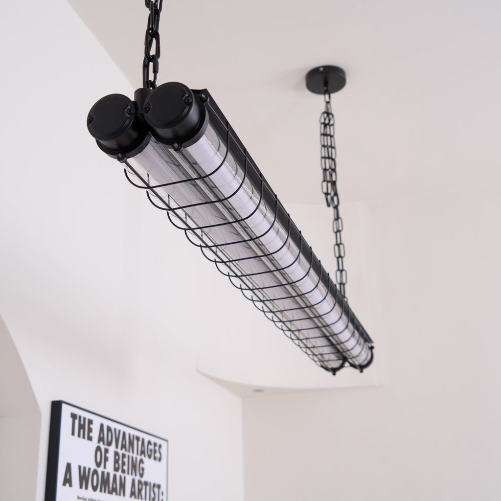 Industrial Linear Suspension Light Metal Glass | Integrated LED Ceiling Fixture | Modern Lighting for Kitchen Islands