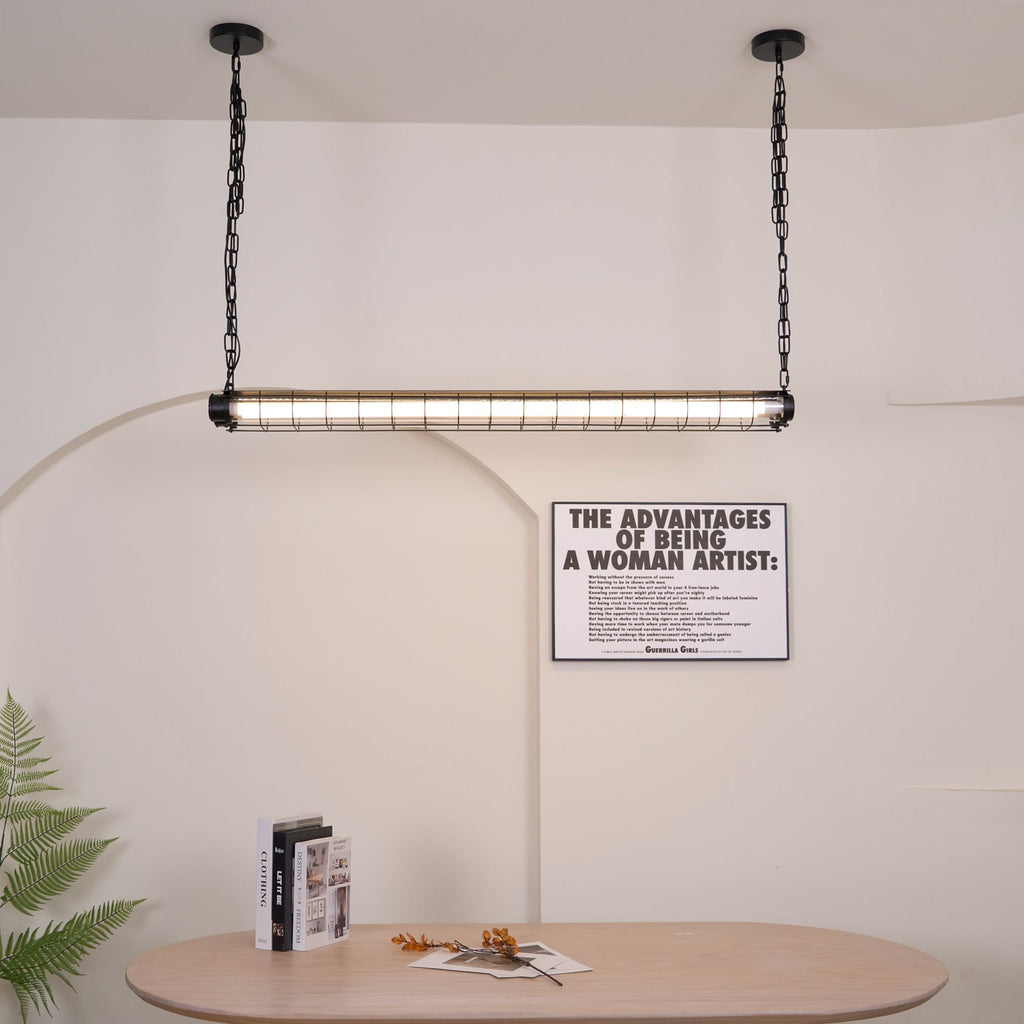 Industrial Linear Suspension Light Metal Glass | Integrated LED Ceiling Fixture | Modern Lighting for Kitchen Islands