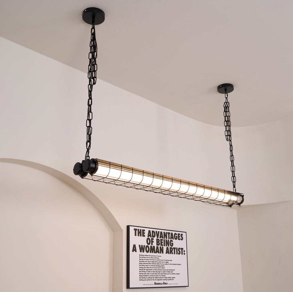 Industrial Linear Suspension Light Metal Glass | Integrated LED Ceiling Fixture | Modern Lighting for Kitchen Islands