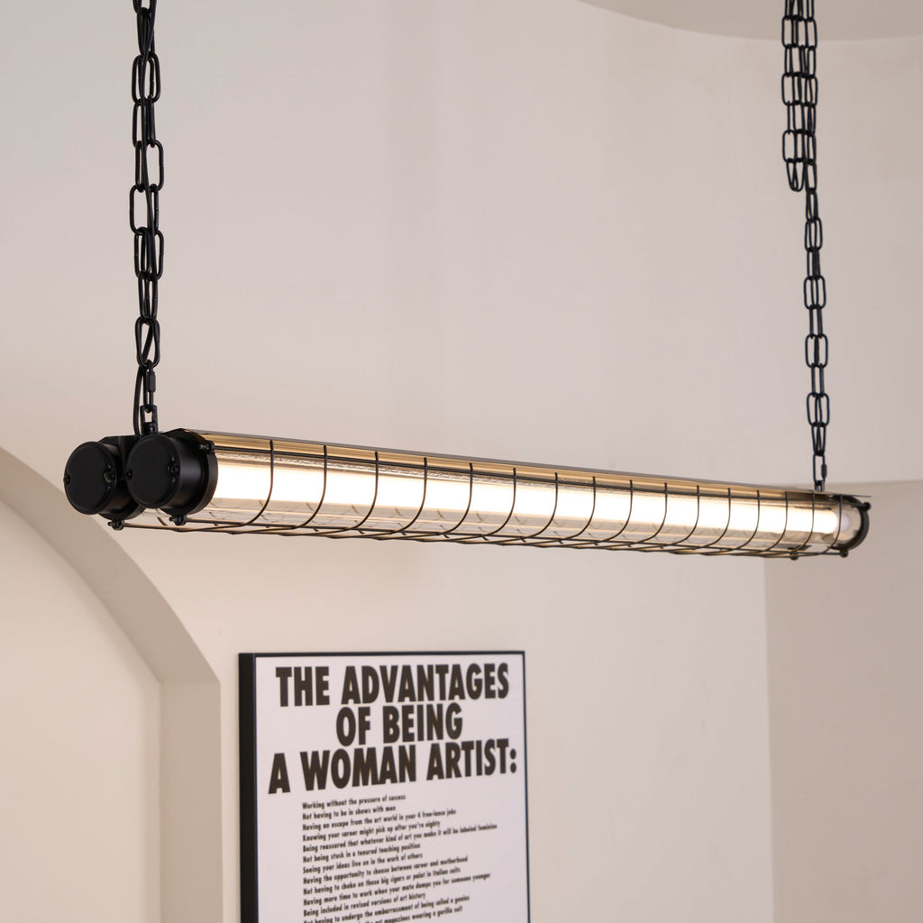 Industrial Linear Suspension Light Metal Glass | Integrated LED Ceiling Fixture | Modern Lighting for Kitchen Islands