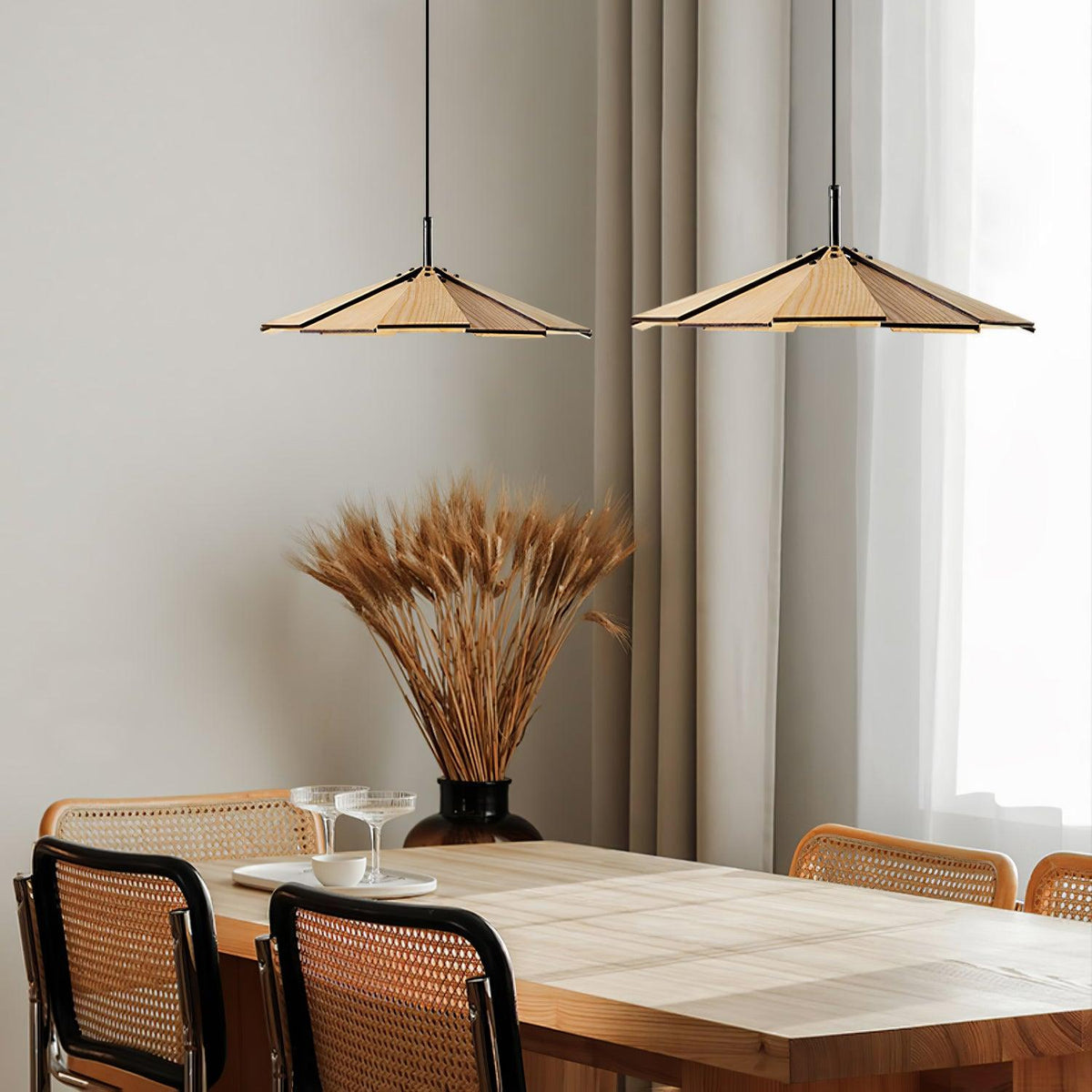 Wooden Umbrella Pendant Light Metal | Sloped Ceiling Compatible | Integrated LED with Adjustable Height Hanging Cable